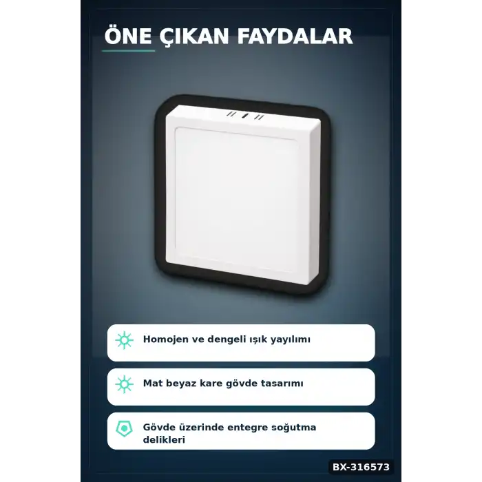 Kare Sıva Üstü LED Panel Armatür 25W 6400K Beyaz Işık 21 cm Tavan Lambası BX-316573