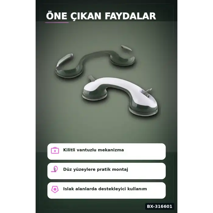 Vantuzlu Banyo Tutacağı Kilitli Vakumlu Emniyet Tutunma Barı 1 Adet BX-316601