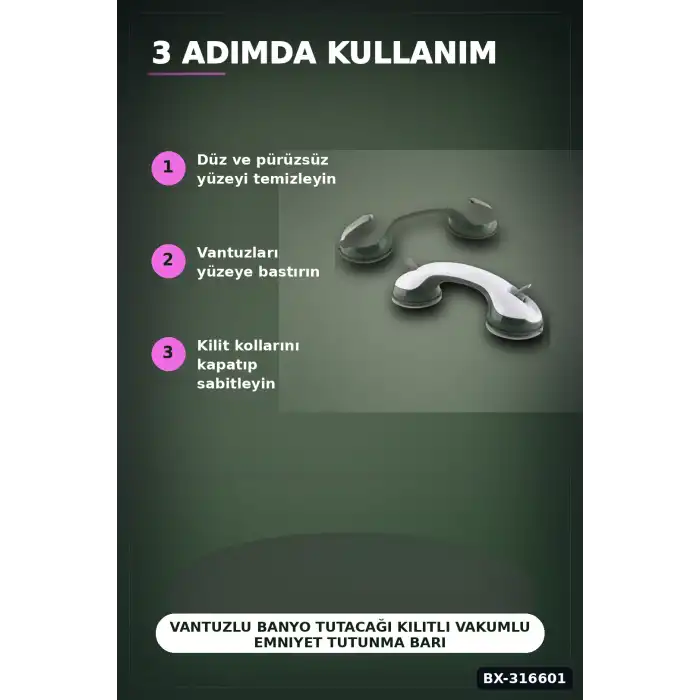 Vantuzlu Banyo Tutacağı Kilitli Vakumlu Emniyet Tutunma Barı 1 Adet BX-316601