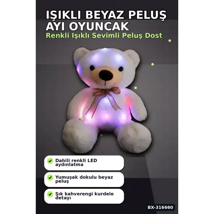 Işıklı Ayı Peluş Oyuncak 70 cm Beyaz Renk, Sevimli Çocuk Odası Hediyesi BX-316660