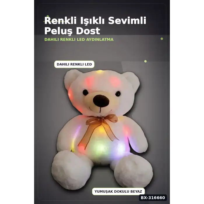 Işıklı Ayı Peluş Oyuncak 70 cm Beyaz Renk, Sevimli Çocuk Odası Hediyesi BX-316660