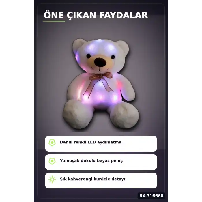 Işıklı Ayı Peluş Oyuncak 70 cm Beyaz Renk, Sevimli Çocuk Odası Hediyesi BX-316660