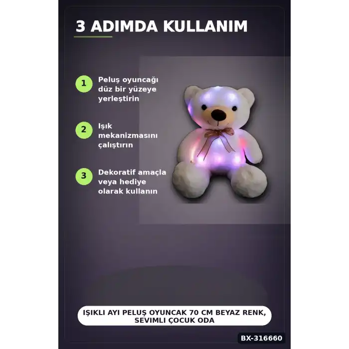 Işıklı Ayı Peluş Oyuncak 70 cm Beyaz Renk, Sevimli Çocuk Odası Hediyesi BX-316660