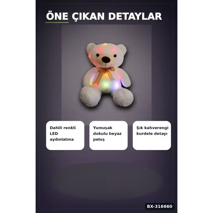 Işıklı Ayı Peluş Oyuncak 70 cm Beyaz Renk, Sevimli Çocuk Odası Hediyesi BX-316660