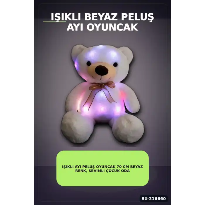 Işıklı Ayı Peluş Oyuncak 70 cm Beyaz Renk, Sevimli Çocuk Odası Hediyesi BX-316660