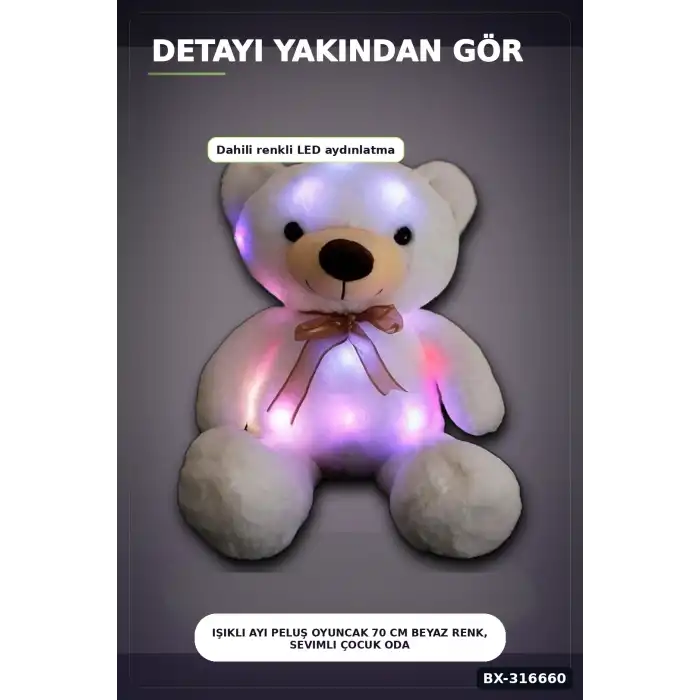 Işıklı Ayı Peluş Oyuncak 70 cm Beyaz Renk, Sevimli Çocuk Odası Hediyesi BX-316660