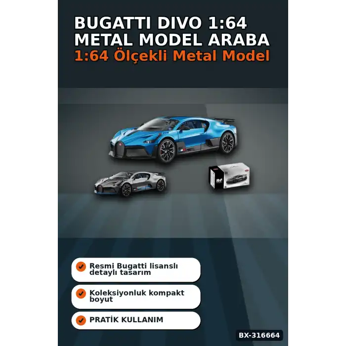 Bugatti Divo Model Araba 1:64 Ölçek Lisanslı Metal Çek Bırak Oyuncak Araç BX-316664