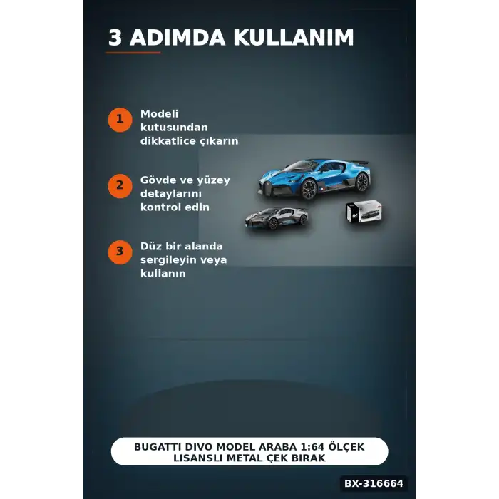 Bugatti Divo Model Araba 1:64 Ölçek Lisanslı Metal Çek Bırak Oyuncak Araç BX-316664