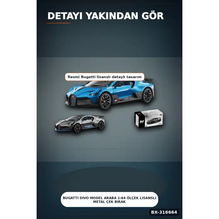 Bugatti Divo Model Araba 1:64 Ölçek Lisanslı Metal Çek Bırak Oyuncak Araç BX-316664