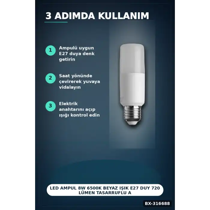 LED Ampul 8W 6500K Beyaz Işık E27 Duy 720 Lümen Tasarruflu Aydınlatma 1 Adet BX-316688