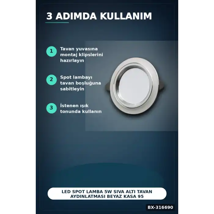 LED Spot Lamba 5W Sıva Altı Tavan Aydınlatması Beyaz Kasa 95 mm 1 Adet BX-316690