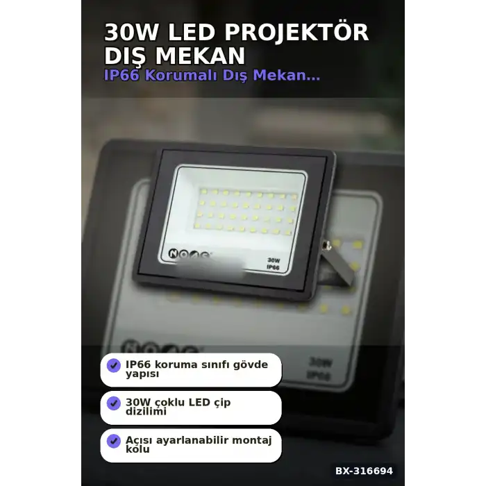 LED Projektör 30W 3200K Gün Işığı Ultra Slim IP66 Dış Mekan Aydınlatma BX-316694