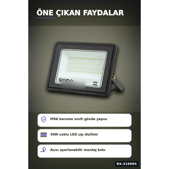 LED Projektör 30W 3200K Gün Işığı Ultra Slim IP66 Dış Mekan Aydınlatma BX-316694