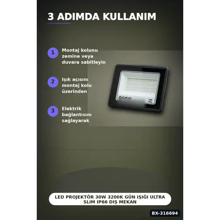 LED Projektör 30W 3200K Gün Işığı Ultra Slim IP66 Dış Mekan Aydınlatma BX-316694