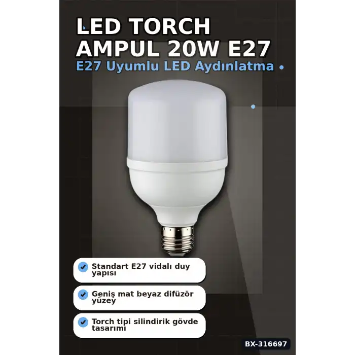 LED Torch Ampul 20W 3200K Gün Işığı E27 Duy 1980 Lümen Ev Ofis Aydınlatması 1 Adet BX-316697