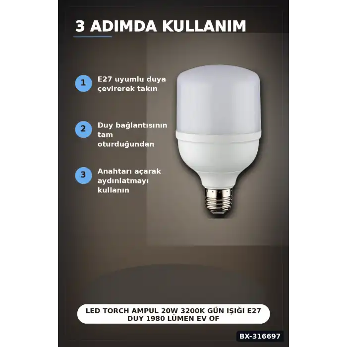 LED Torch Ampul 20W 3200K Gün Işığı E27 Duy 1980 Lümen Ev Ofis Aydınlatması 1 Adet BX-316697