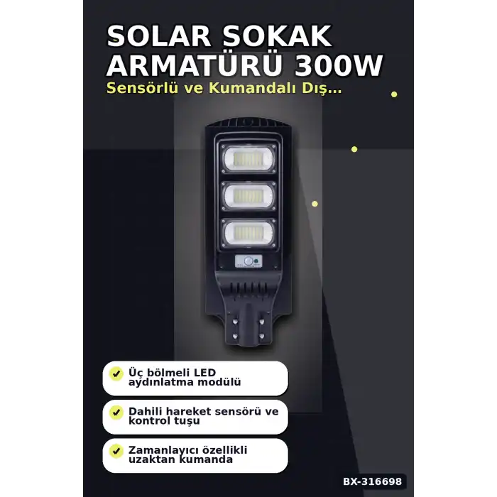 Solar Sokak Armatürü 300W Kumandalı Bahçe Lambası Dış Mekan Aydınlatma BX-316698