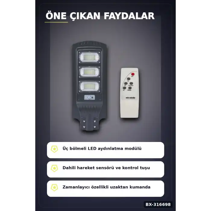 Solar Sokak Armatürü 300W Kumandalı Bahçe Lambası Dış Mekan Aydınlatma BX-316698