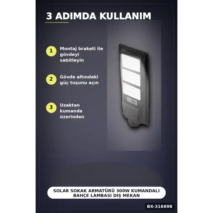 Solar Sokak Armatürü 300W Kumandalı Bahçe Lambası Dış Mekan Aydınlatma BX-316698