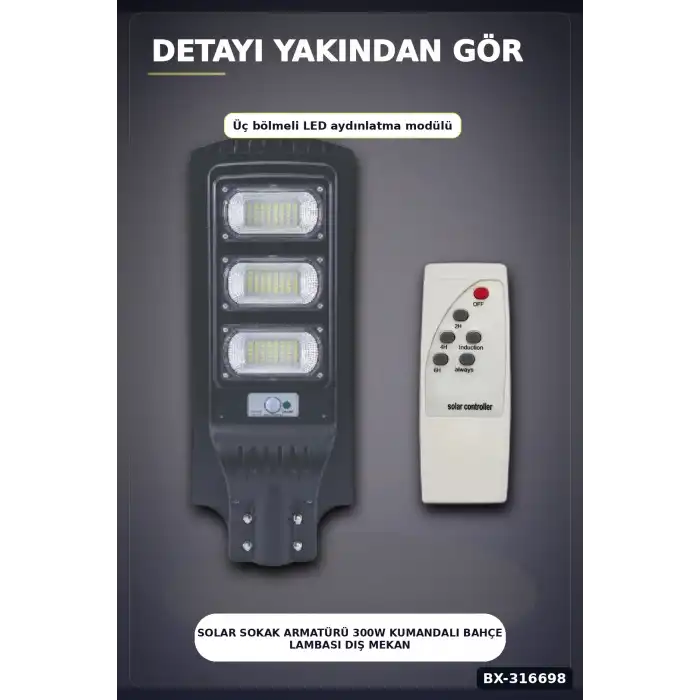 Solar Sokak Armatürü 300W Kumandalı Bahçe Lambası Dış Mekan Aydınlatma BX-316698