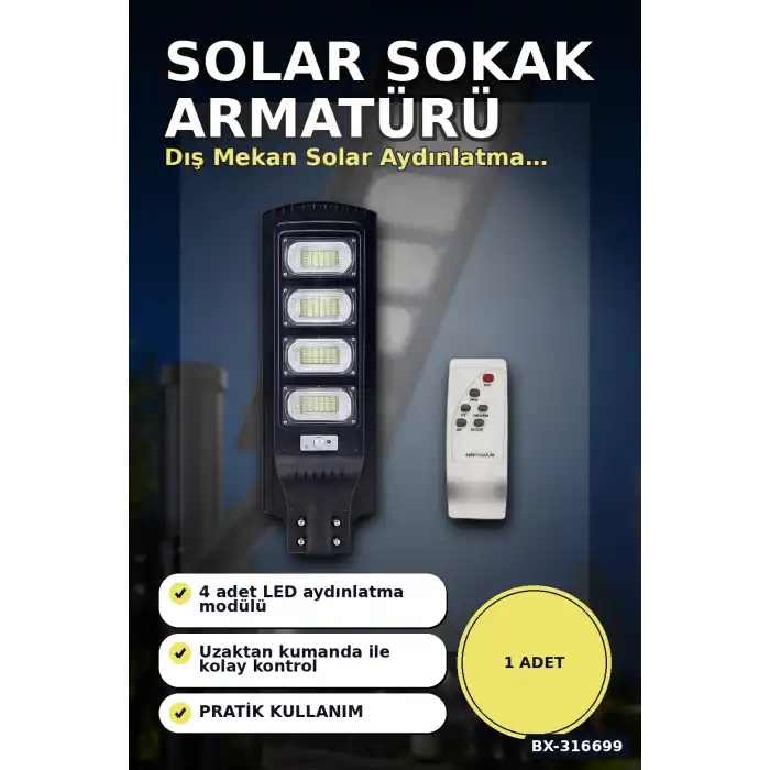Solar Sokak Armatürü 400W 32000 Lümen Güneş Enerjili Dış Mekan Lambası Kumandalı 1 Adet BX-316699