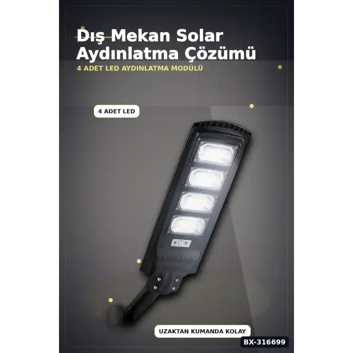 Solar Sokak Armatürü 400W 32000 Lümen Güneş Enerjili Dış Mekan Lambası Kumandalı 1 Adet BX-316699