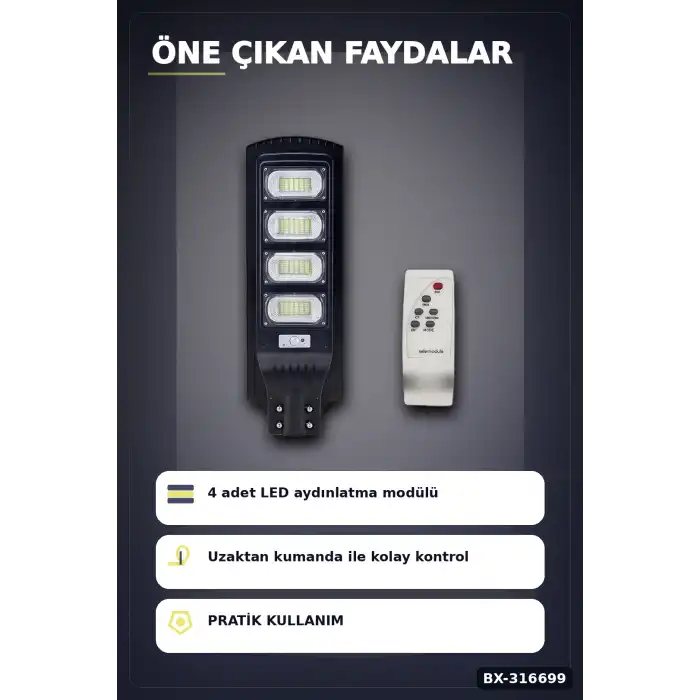 Solar Sokak Armatürü 400W 32000 Lümen Güneş Enerjili Dış Mekan Lambası Kumandalı 1 Adet BX-316699