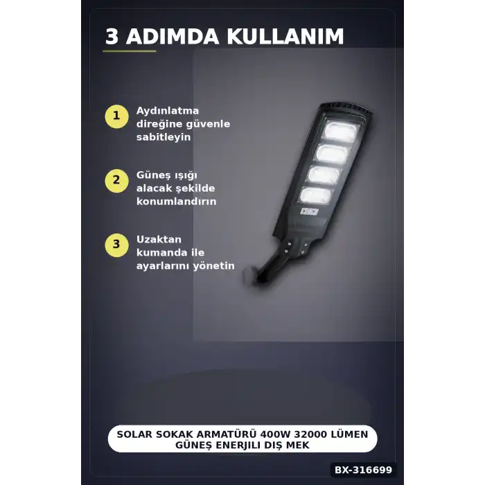 Solar Sokak Armatürü 400W 32000 Lümen Güneş Enerjili Dış Mekan Lambası Kumandalı 1 Adet BX-316699