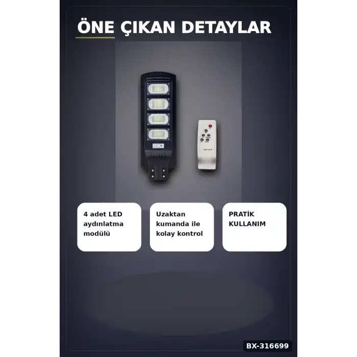 Solar Sokak Armatürü 400W 32000 Lümen Güneş Enerjili Dış Mekan Lambası Kumandalı 1 Adet BX-316699