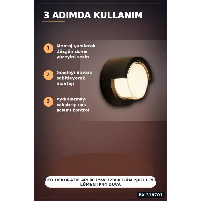 Led Dekoratif Aplik 15W 3200K Gün Işığı 1350 Lümen IP44 Duvar Lambası 17 cm BX-316701