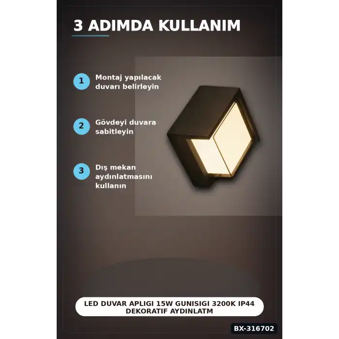 Led Duvar Apligi 15W Gunisigi 3200K IP44 Dekoratif Aydinlatma 16x10 cm BX-316702
