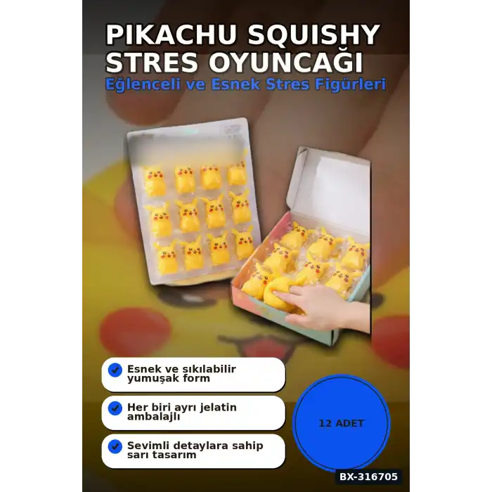Pikaçu Squishy Stres Oyuncağı 12 Adet - Sıkılabilir Esnek TPR Figür BX-316705