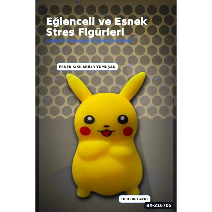 Pikaçu Squishy Stres Oyuncağı 12 Adet - Sıkılabilir Esnek TPR Figür BX-316705