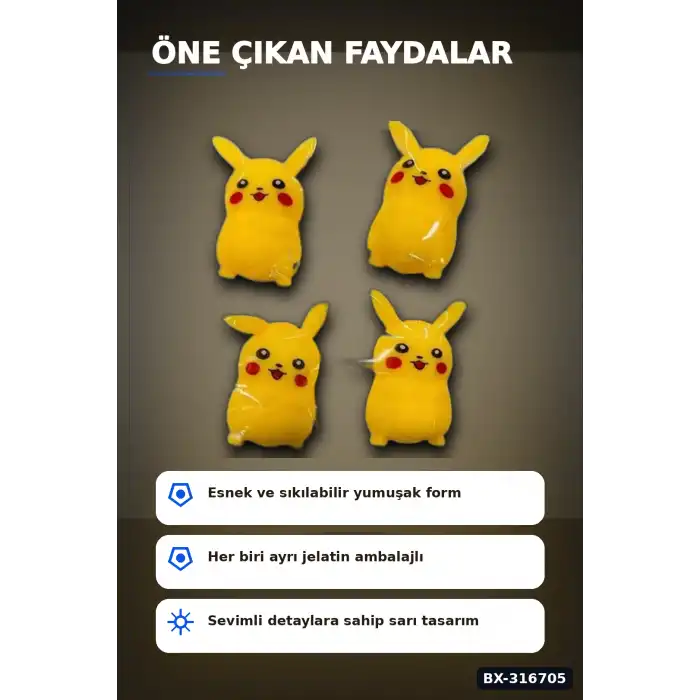 Pikaçu Squishy Stres Oyuncağı 12 Adet - Sıkılabilir Esnek TPR Figür BX-316705