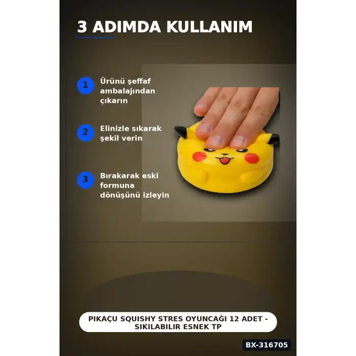 Pikaçu Squishy Stres Oyuncağı 12 Adet - Sıkılabilir Esnek TPR Figür BX-316705