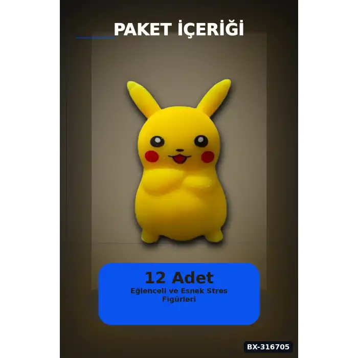 Pikaçu Squishy Stres Oyuncağı 12 Adet - Sıkılabilir Esnek TPR Figür BX-316705