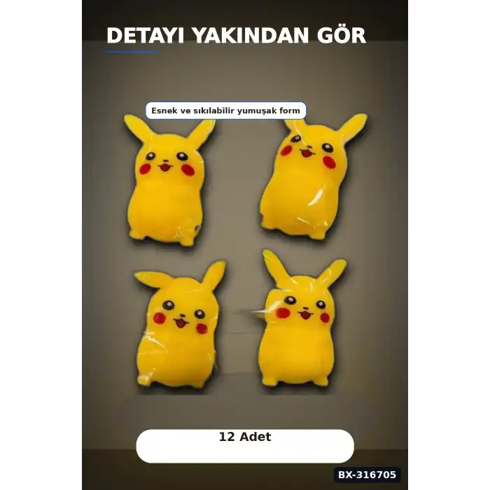 Pikaçu Squishy Stres Oyuncağı 12 Adet - Sıkılabilir Esnek TPR Figür BX-316705