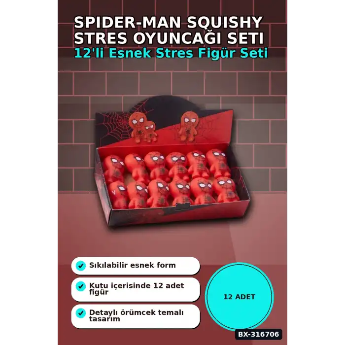 Spider-Man Squishy Stres Oyuncağı 12 Adet Stand Kutu Figür Seti BX-316706