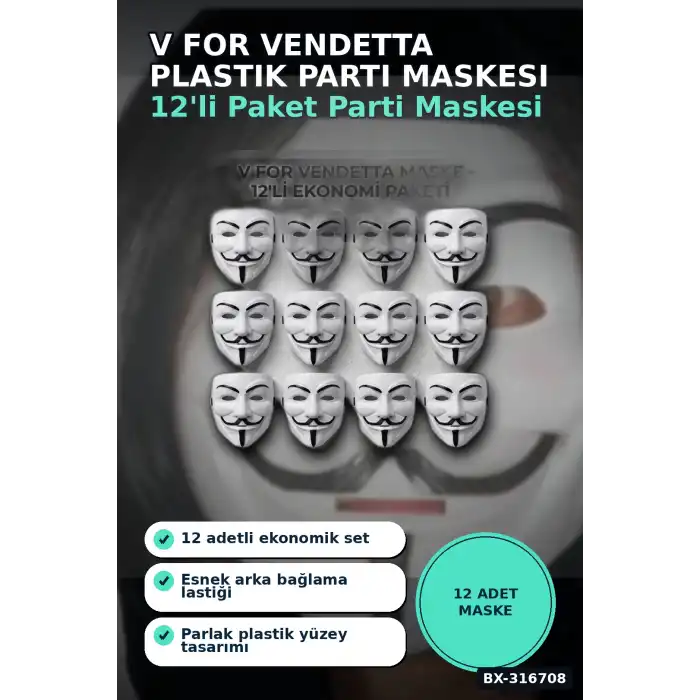 V For Vendetta Maske 12 Adet Plastik Parti Maskesi Lastikli Kostüm Yüz Aksesuarı BX-316708