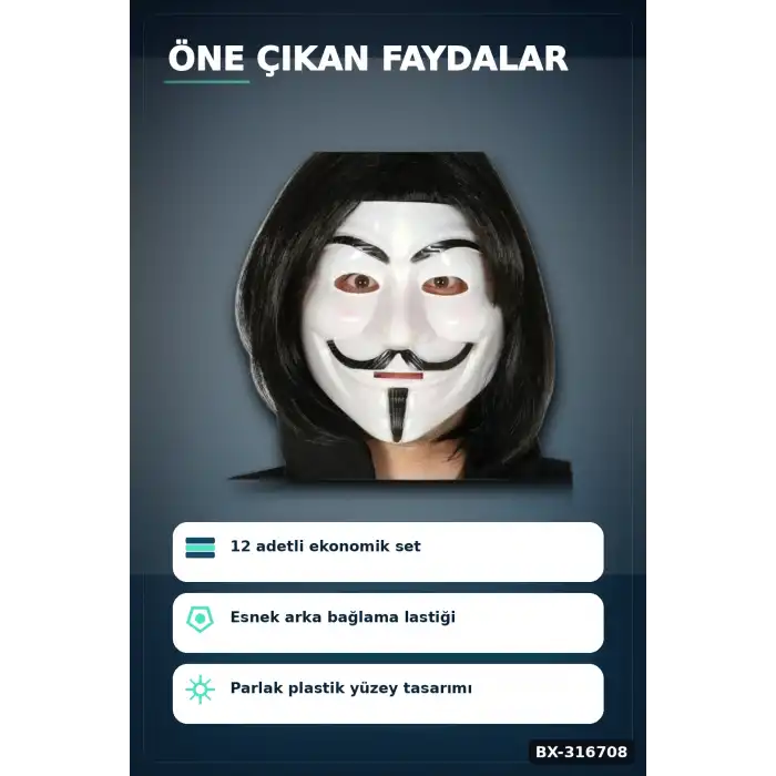 V For Vendetta Maske 12 Adet Plastik Parti Maskesi Lastikli Kostüm Yüz Aksesuarı BX-316708