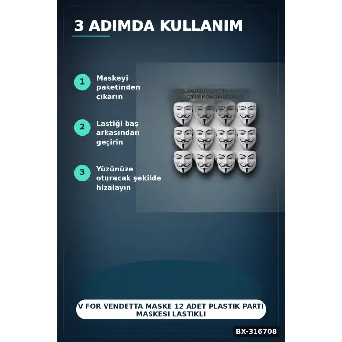 V For Vendetta Maske 12 Adet Plastik Parti Maskesi Lastikli Kostüm Yüz Aksesuarı BX-316708