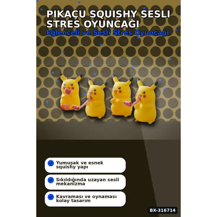 Pikaçu Squishy Sesli Stres Oyuncağı Düdük Mekanizmalı Esnek Figür 12 Adet BX-316714