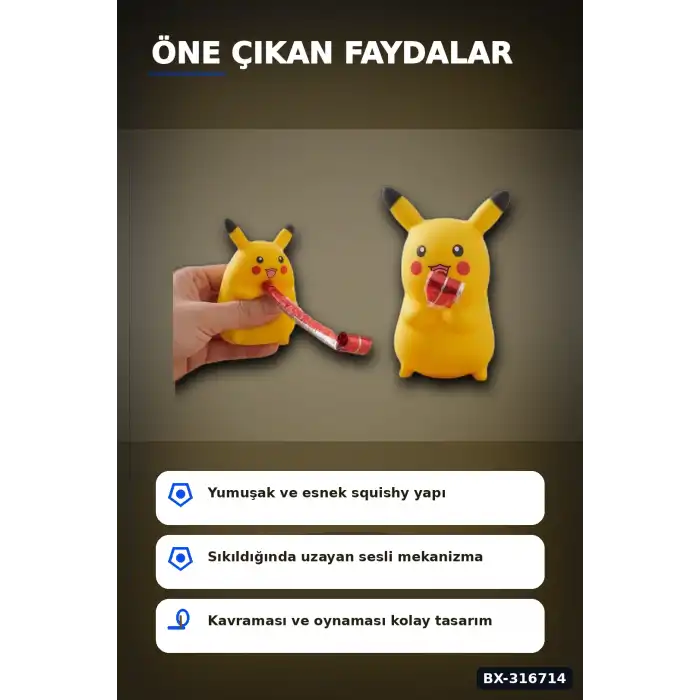 Pikaçu Squishy Sesli Stres Oyuncağı Düdük Mekanizmalı Esnek Figür 12 Adet BX-316714