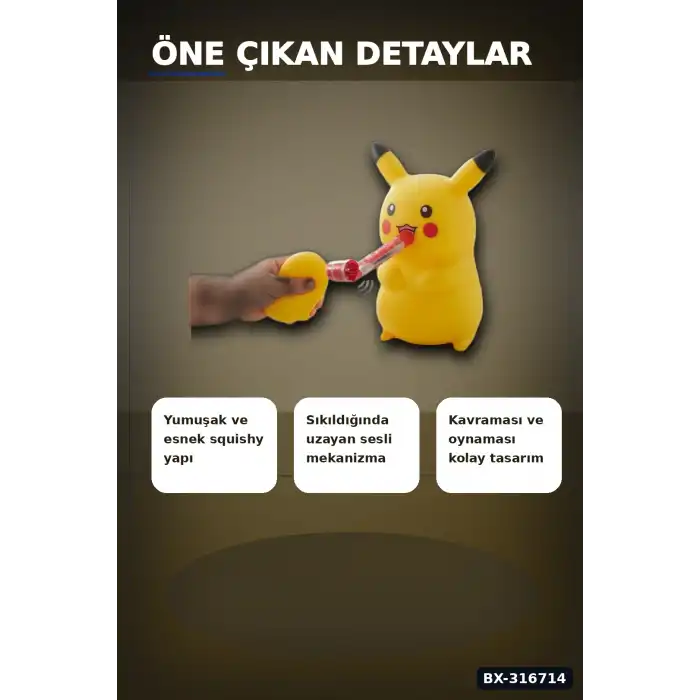 Pikaçu Squishy Sesli Stres Oyuncağı Düdük Mekanizmalı Esnek Figür 12 Adet BX-316714