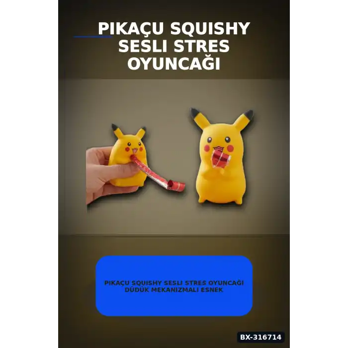 Pikaçu Squishy Sesli Stres Oyuncağı Düdük Mekanizmalı Esnek Figür 12 Adet BX-316714