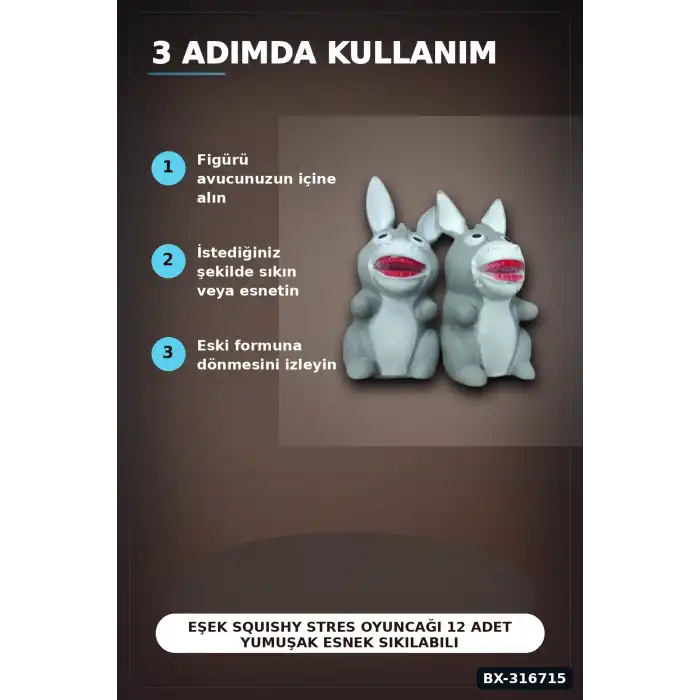 Eşek Squishy Stres Oyuncağı 12 Adet Yumuşak Esnek Sıkılabilir Figür Seti BX-316715