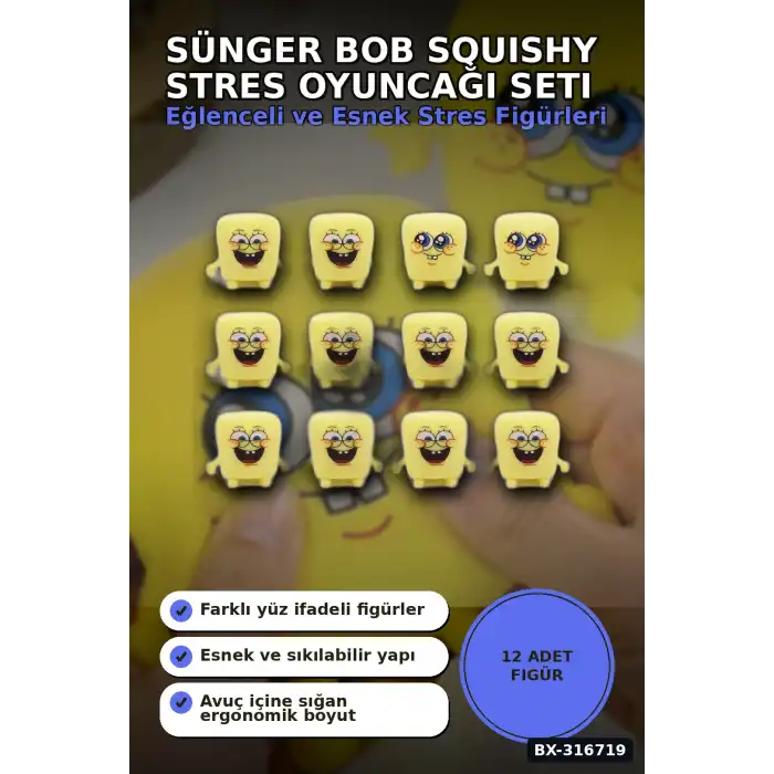 Sünger Bob Squishy Stres Oyuncağı 12 Adet Sıkılabilir Karışık Model Set BX-316719