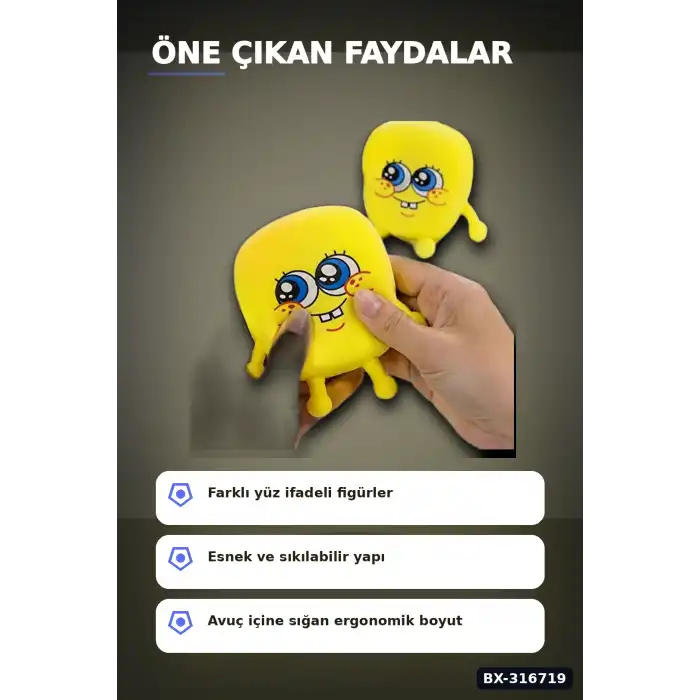 Sünger Bob Squishy Stres Oyuncağı 12 Adet Sıkılabilir Karışık Model Set BX-316719