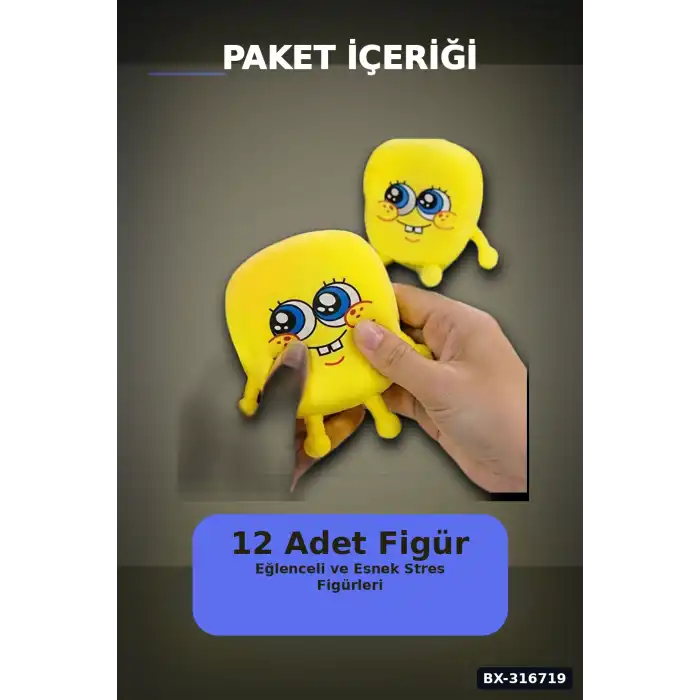 Sünger Bob Squishy Stres Oyuncağı 12 Adet Sıkılabilir Karışık Model Set BX-316719
