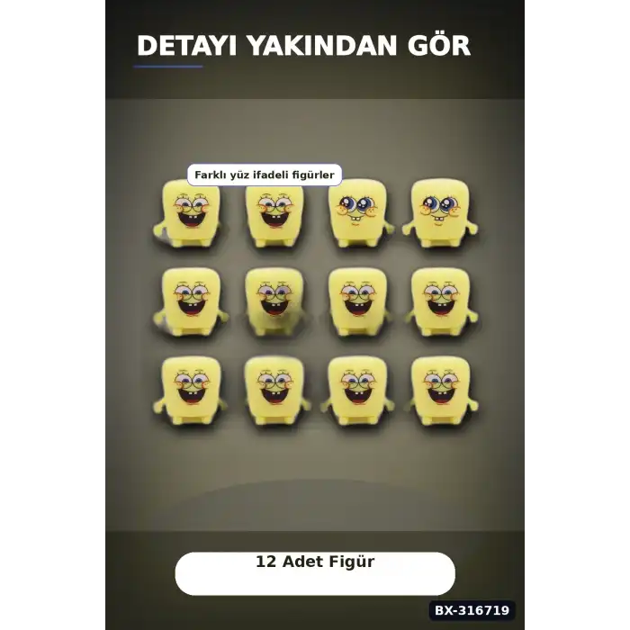 Sünger Bob Squishy Stres Oyuncağı 12 Adet Sıkılabilir Karışık Model Set BX-316719